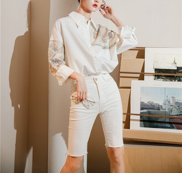 Abstract painting arty white blouse, women shirt graphics , women top for casual or formal