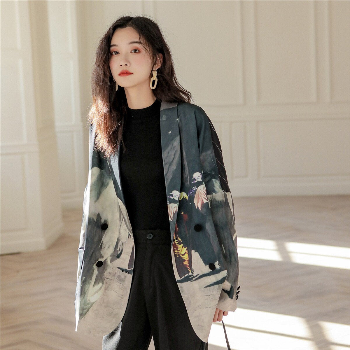 Designer painting pattern women blazer, green & black graphics jacket, long sleeves suit