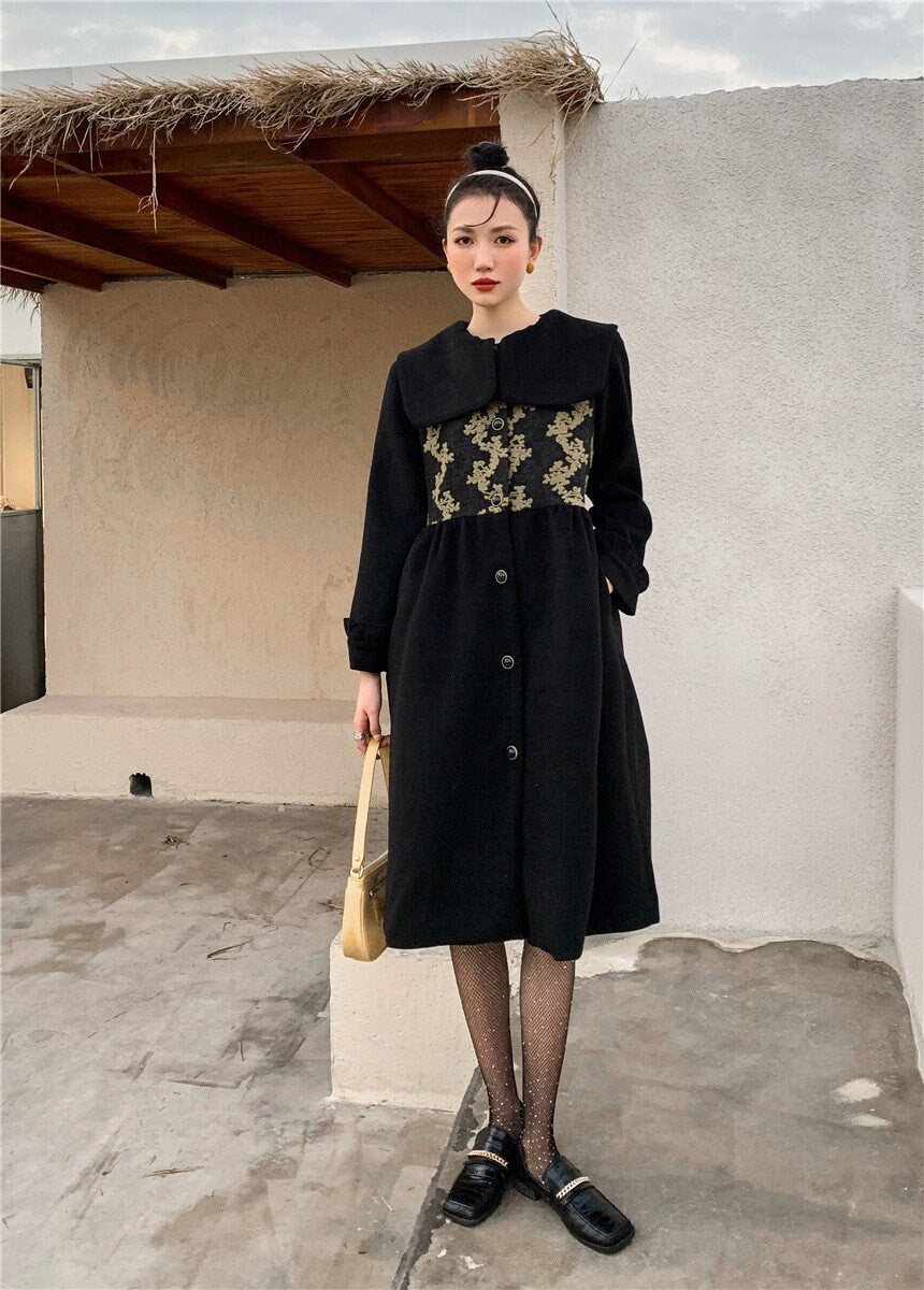 Wool trench coat, women long coat with embroidery for casual or formal