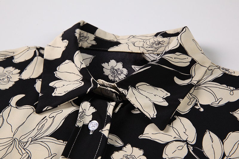 Designer blouse with floral graphics painting, black women shirt in flower graphics for casual or formal