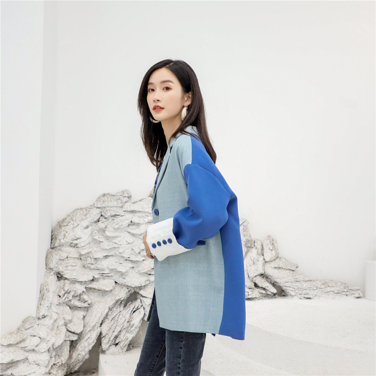 Designer patchwork women blazer, blue collage art jacket, long sleeves suit