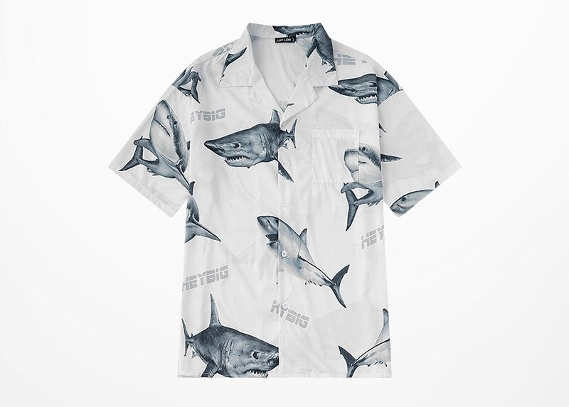 Shark graphics short blouse, designer art clothing, Short sleeve shirt, loose cut overcoat streetwear, for casual or formal