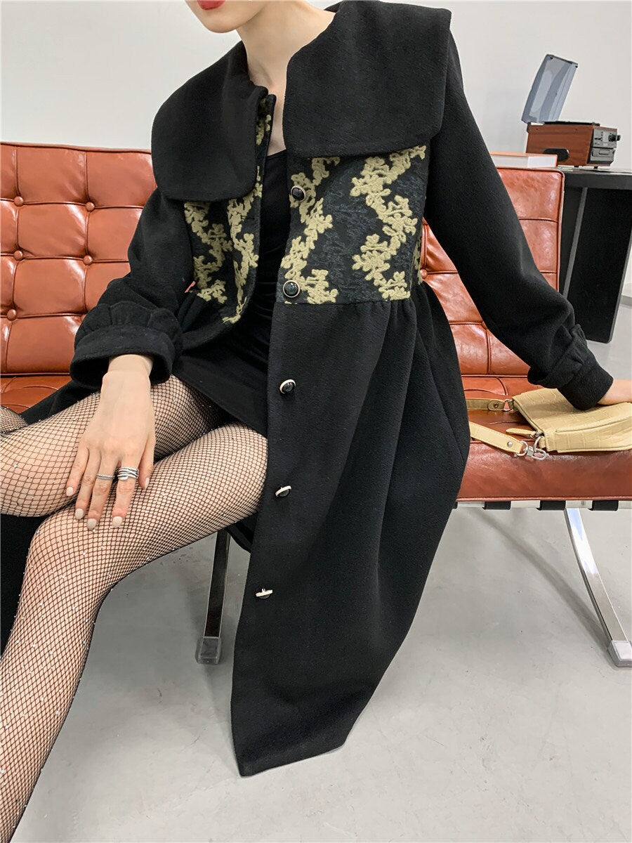 Wool trench coat, women long coat with embroidery for casual or formal