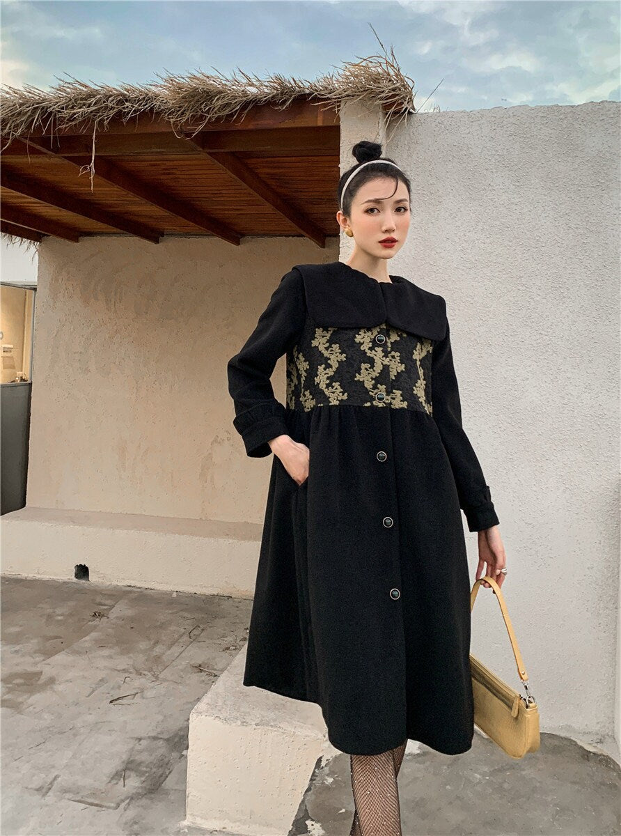 Wool trench coat, women long coat with embroidery for casual or formal