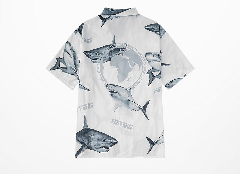 Shark graphics short blouse, designer art clothing, Short sleeve shirt, loose cut overcoat streetwear, for casual or formal