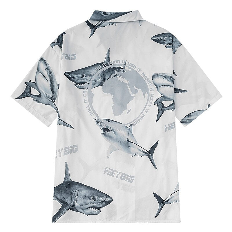 Shark graphics short blouse, designer art clothing, Short sleeve shirt, loose cut overcoat streetwear, for casual or formal