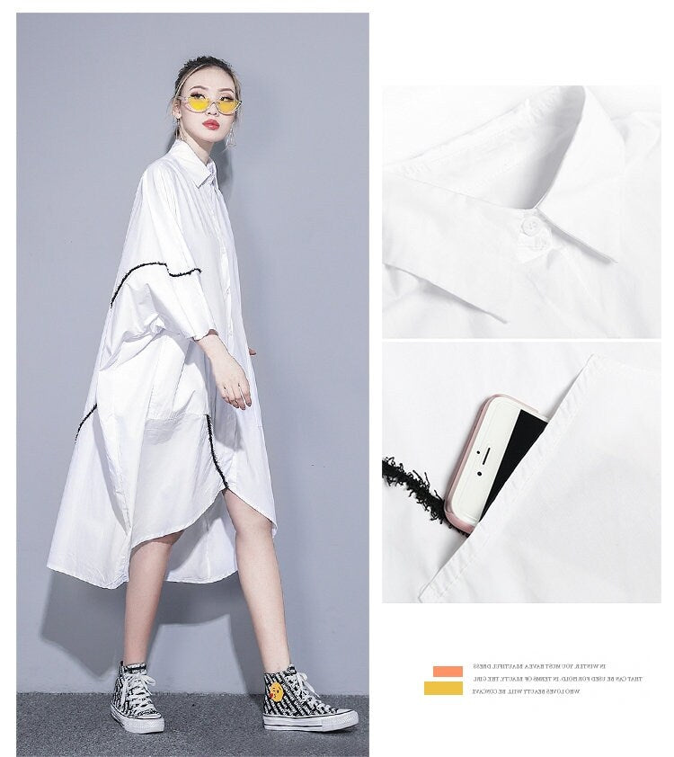 Modern White/Black shirtdress, Sleeved Kaftan dress, one size fit all, casual or formal, gift for her