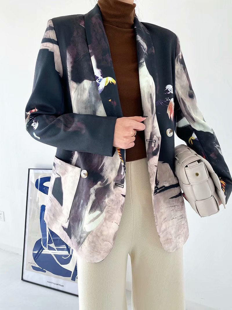 Women button blazer with oil painting pattern, designer suit in arty style, women top for casual or formal