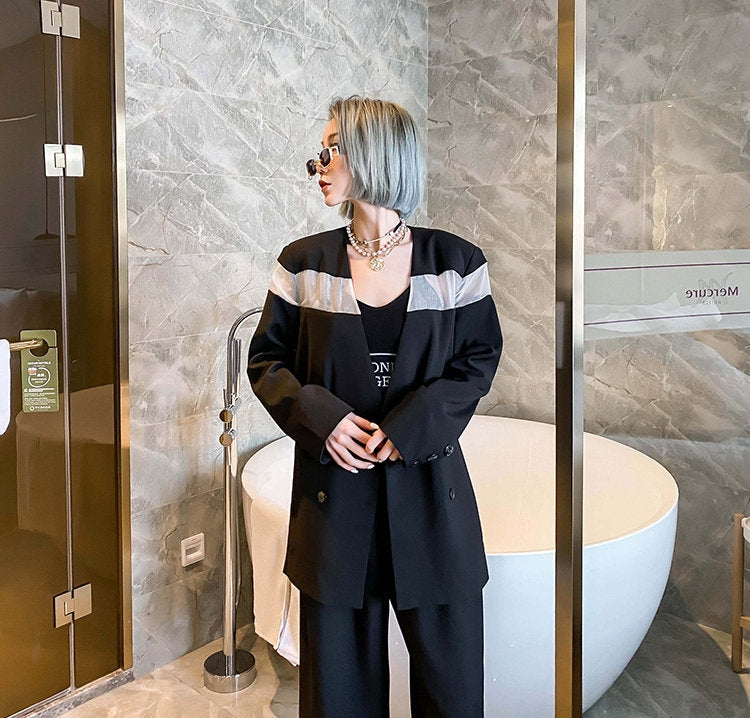 Black Blazer with Translucent Part, Patchwork Styled Woman Suit Jacket, Korean Smart Casual Styled, for casual or formal