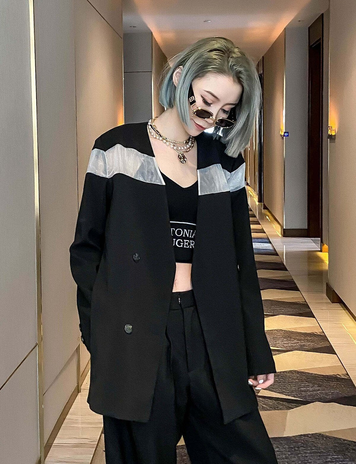 Black Blazer with Translucent Part, Patchwork Styled Woman Suit Jacket, Korean Smart Casual Styled, for casual or formal