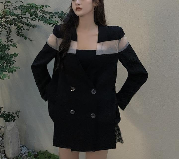 Black Blazer with Translucent Part, Patchwork Styled Woman Suit Jacket, Korean Smart Casual Styled, for casual or formal