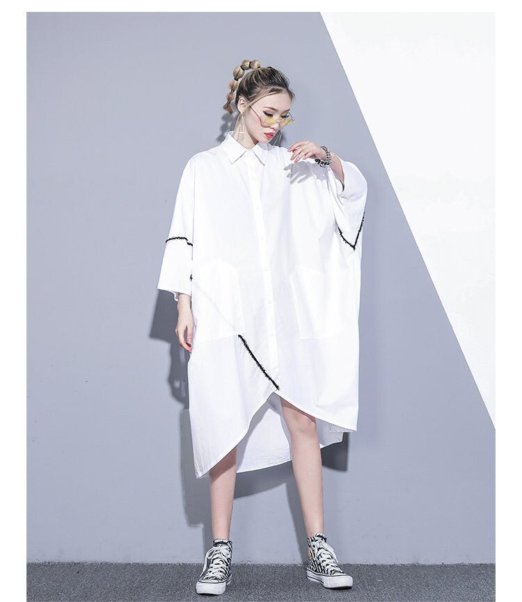 Modern White/Black shirtdress, Sleeved Kaftan dress, one size fit all, casual or formal, gift for her