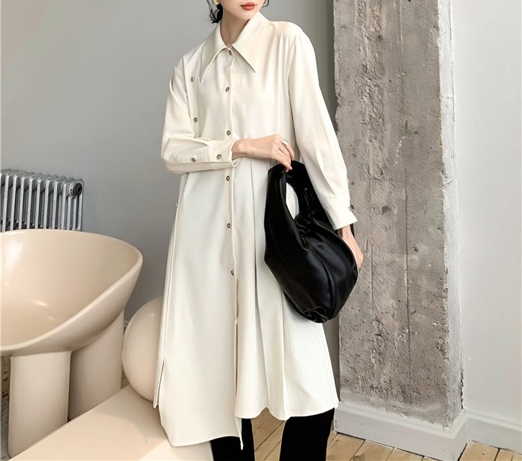 Designer Beige Shirtdress, Woman one piece dress, solid color, for casual / formal