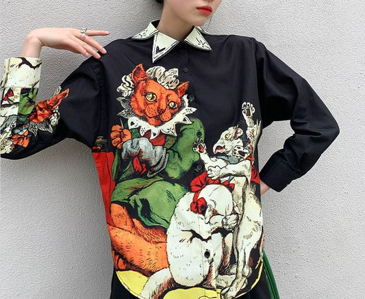 Woman Illustrated Cat Fairy Blouse, Designer shirt with special collar, for casual / formal