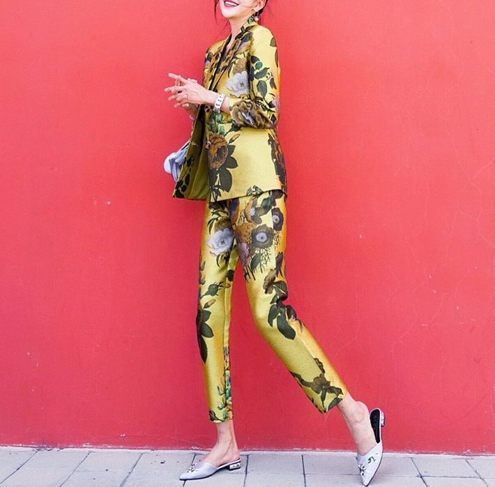 Floral Pattern Blazer + Pants Set, Designer Golden Suit Set, for casual/ formal or party, gift for her