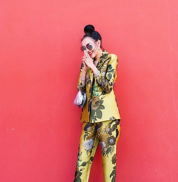 Floral Pattern Blazer + Pants Set, Designer Golden Suit Set, for casual/ formal or party, gift for her