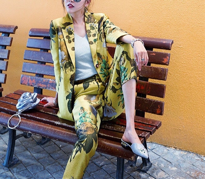 Floral Pattern Blazer + Pants Set, Designer Golden Suit Set, for casual/ formal or party, gift for her