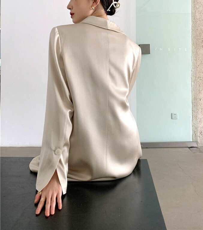 Designer Beige Couture Satin Shiny Blazer, Woman Suit Jacket, Art Collection, for casual/ formal/ party, gift for her