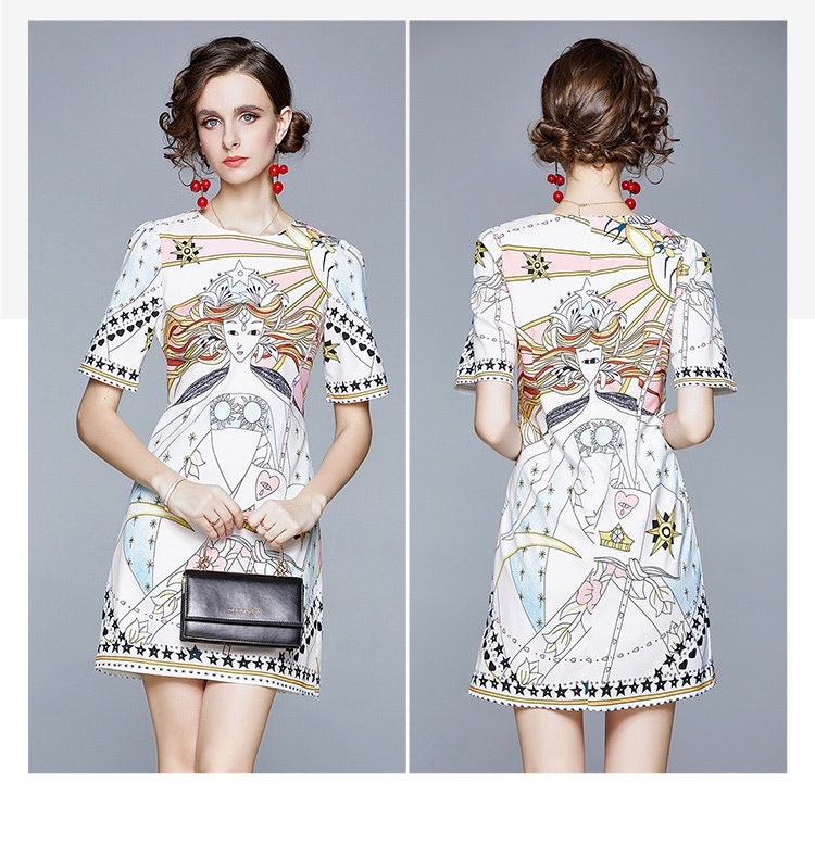 Designer art pattern dress, women one-piece dress with floral graphics, dress for formal or casual