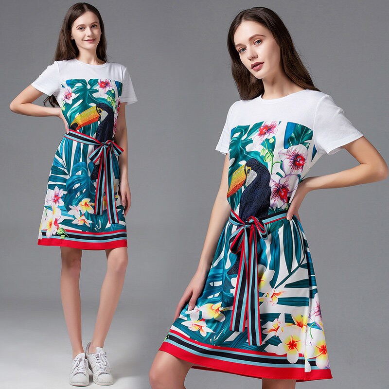 Designer classic art pattern dress, women one-piece dress with floral graphics pattern, dress for formal or casual