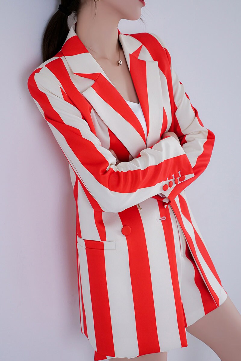 Red Striped Suit Jacket + Short Pants set, Woman Colorful Blazer, Fresh Sharp Color, for Casual/ Formal, Gift for her