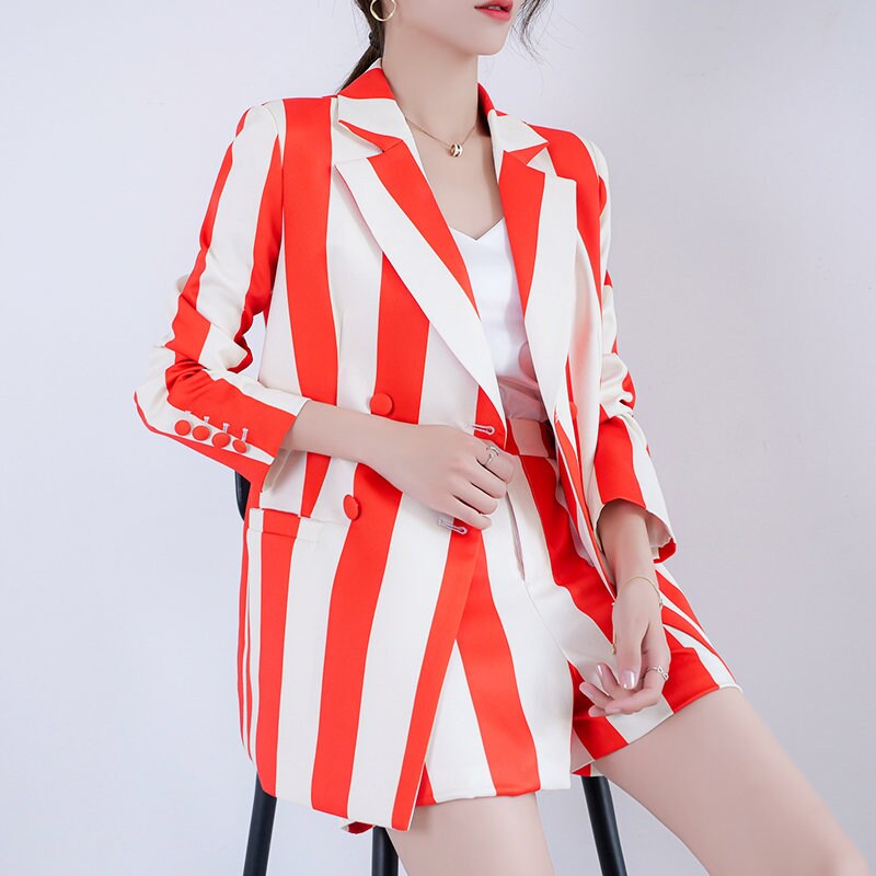 Red Striped Suit Jacket + Short Pants set, Woman Colorful Blazer, Fresh Sharp Color, for Casual/ Formal, Gift for her