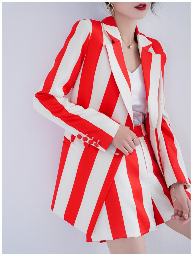 Red Striped Suit Jacket + Short Pants set, Woman Colorful Blazer, Fresh Sharp Color, for Casual/ Formal, Gift for her