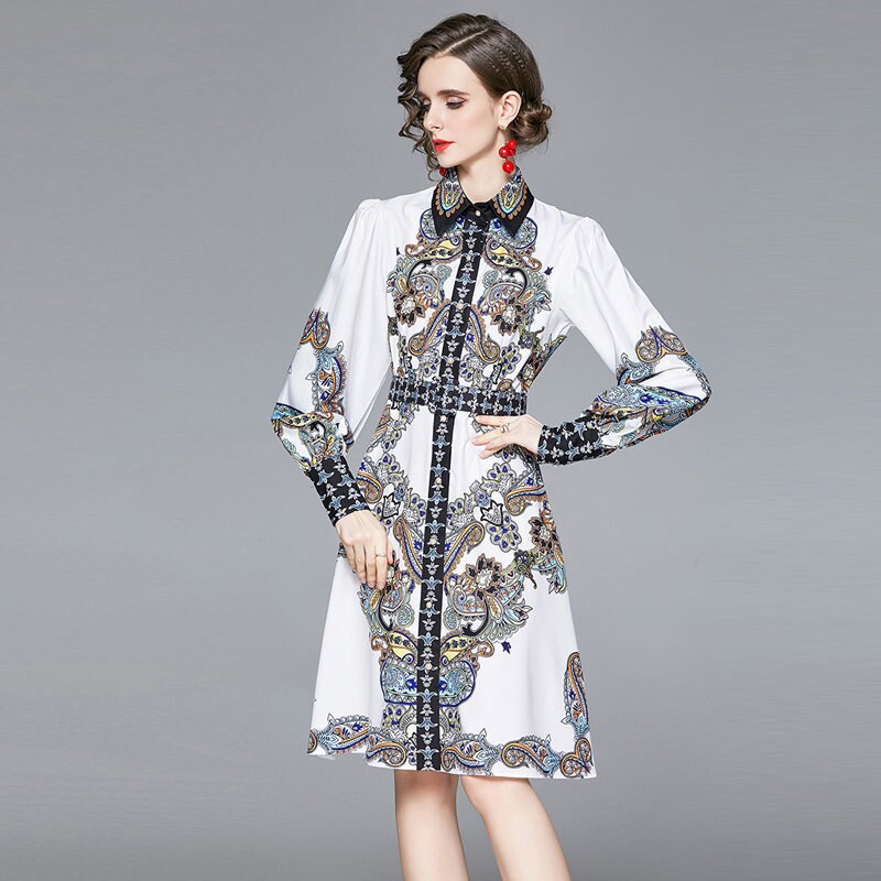 Designer classic art pattern dress, women one-piece dress with floral graphics pattern, dress for formal or casual