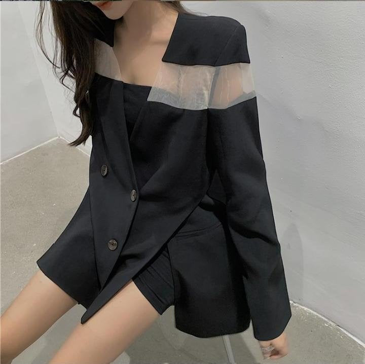 Black Blazer with Translucent Part, Patchwork Styled Woman Suit Jacket, Korean Smart Casual Styled, for casual or formal