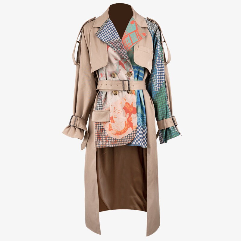 Designer Patchwork Colored Trench Coat, Woman Long Jacket with Printed Pattern Fabric, for casual/ formal, gift for her, winter woman top