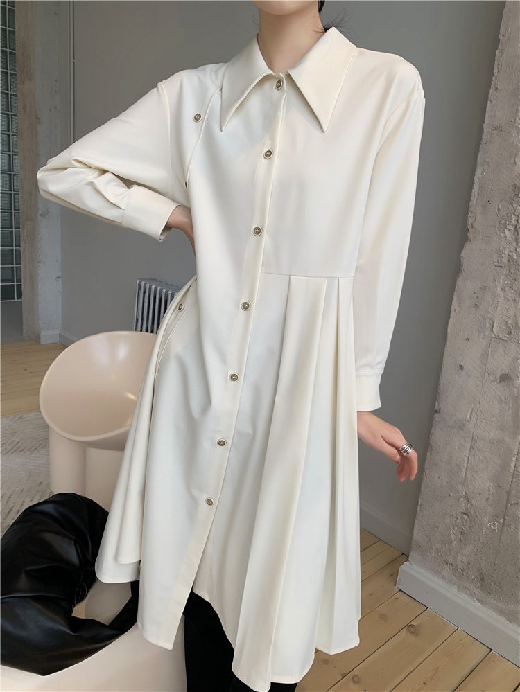 Designer Beige Shirtdress, Woman one piece dress, solid color, for casual / formal