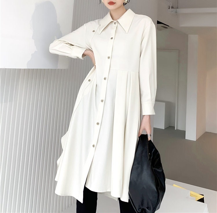 Designer Beige Shirtdress, Woman one piece dress, solid color, for casual / formal