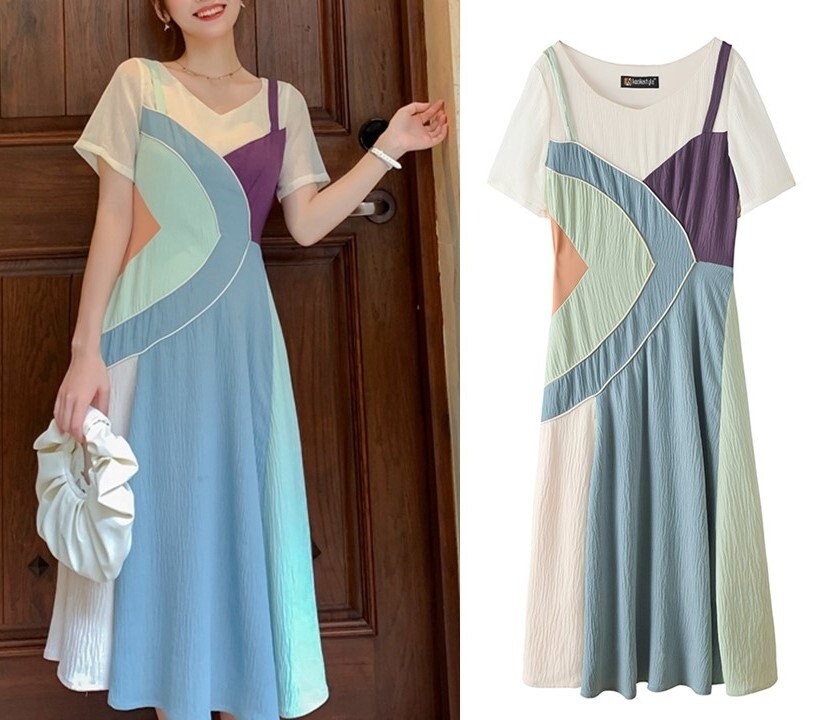 Pastel Patchwork One Piece Dress, Colorful Geometric Woman Top Casual Summer Dress Gifr for her