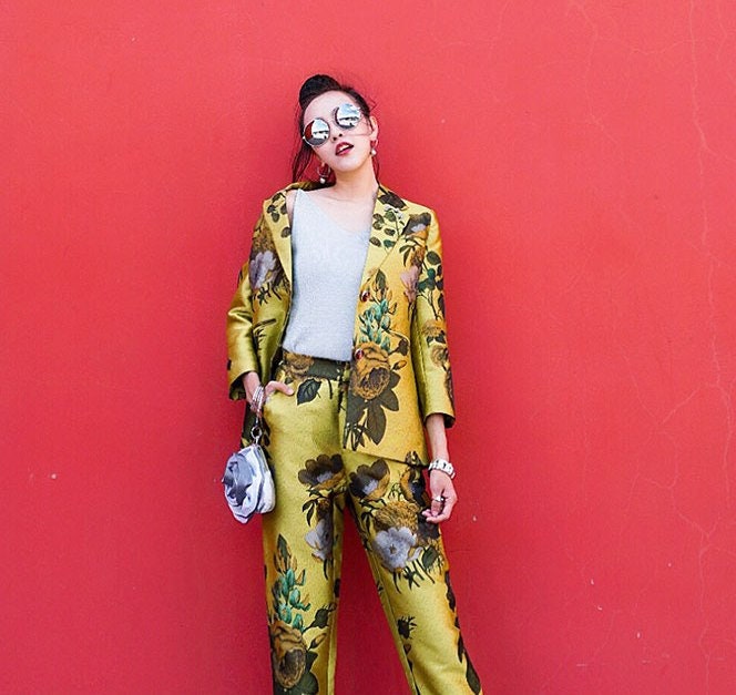 Floral Pattern Blazer + Pants Set, Designer Golden Suit Set, for casual/ formal or party, gift for her