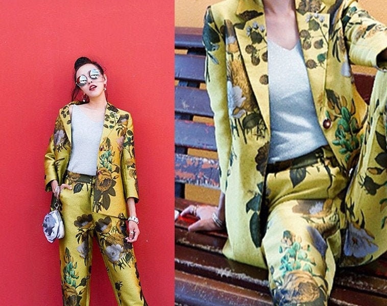 Floral Pattern Blazer + Pants Set, Designer Golden Suit Set, for casual/ formal or party, gift for her