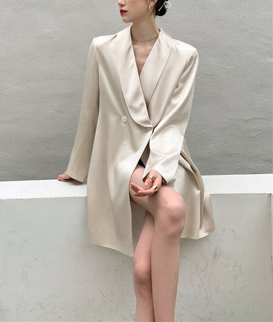 Designer Beige Couture Satin Shiny Blazer, Woman Suit Jacket, Art Collection, for casual/ formal/ party, gift for her