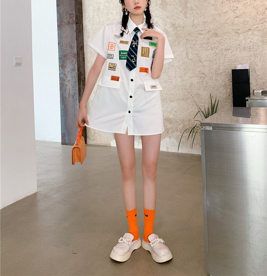 White Patches + Tie Woman Shirt, Designer Woman Long Blouse with graphics patches labels street style for casual gift for her