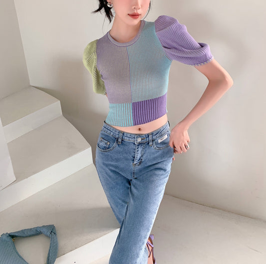 Knitted Summer Woman Top, Puff Sleeves Colorful Geometric Pattern Short Sleeve for Casual/ Streetwear, Gift for her