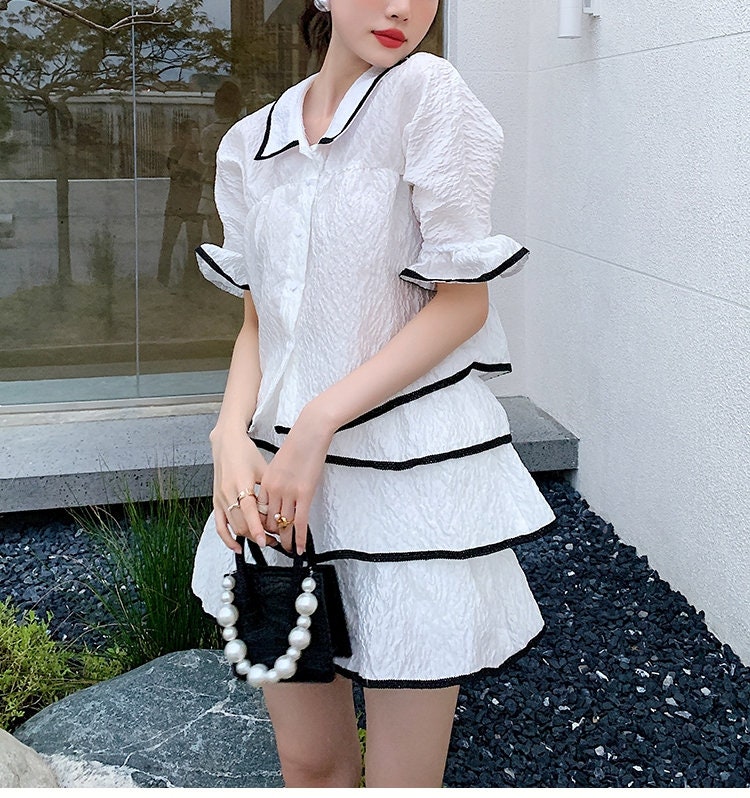 White Blouse + Dress Set, Designer Woman Top Black Outline Collared Shirt Skirt Woman Top for Casual/ Formal Gift for her