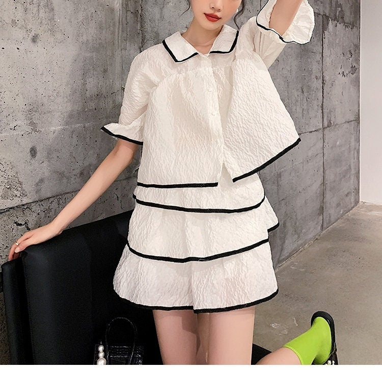 White Blouse + Dress Set, Designer Woman Top Black Outline Collared Shirt Skirt Woman Top for Casual/ Formal Gift for her