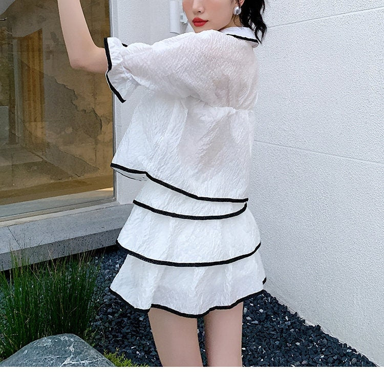 White Blouse + Dress Set, Designer Woman Top Black Outline Collared Shirt Skirt Woman Top for Casual/ Formal Gift for her