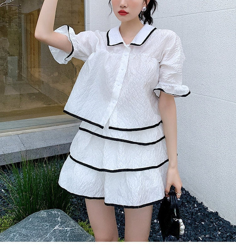 White Blouse + Dress Set, Designer Woman Top Black Outline Collared Shirt Skirt Woman Top for Casual/ Formal Gift for her