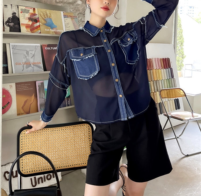 Patchwork Denim Blouse/ Jacket, Woman Collared Shirt Translucent Mixed Jean Summer Jacket Street Fashion for Casual Gifr for her