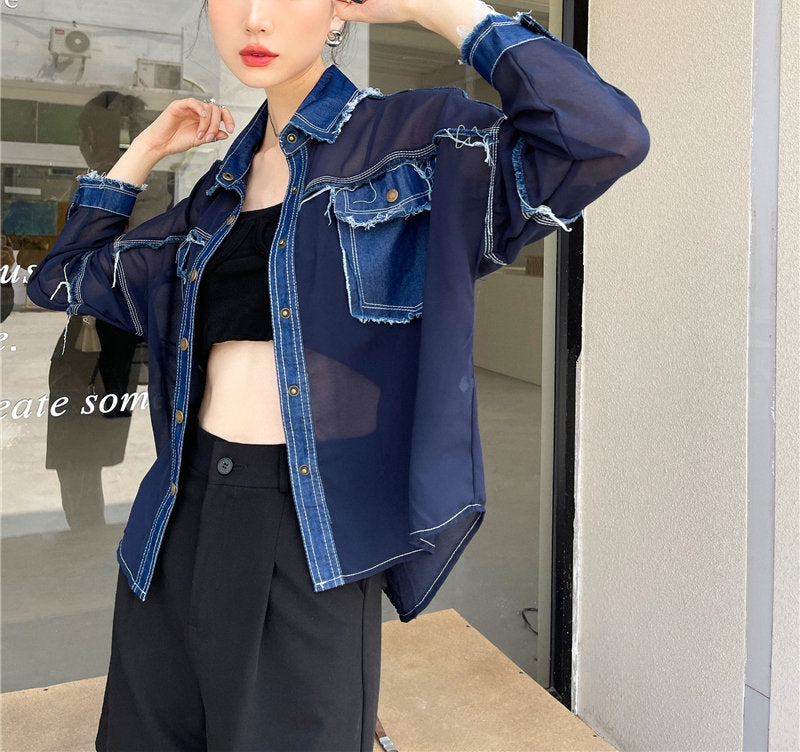 Patchwork Denim Blouse/ Jacket, Woman Collared Shirt Translucent Mixed Jean Summer Jacket Street Fashion for Casual Gifr for her