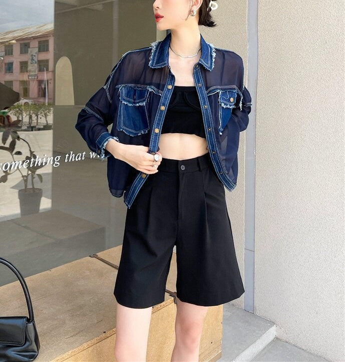 Patchwork Denim Blouse/ Jacket, Woman Collared Shirt Translucent Mixed Jean Summer Jacket Street Fashion for Casual Gifr for her