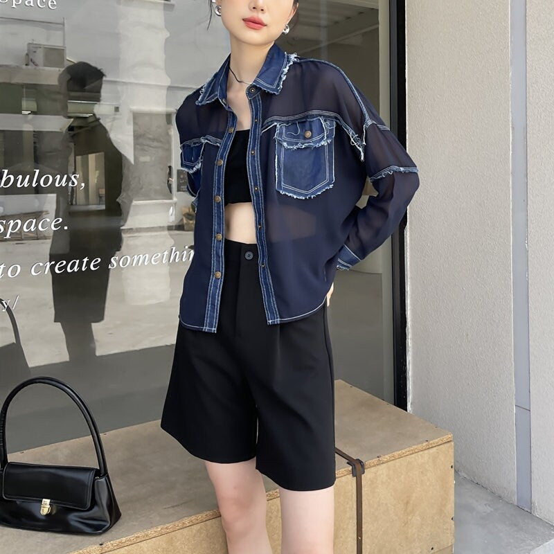 Patchwork Denim Blouse/ Jacket, Woman Collared Shirt Translucent Mixed Jean Summer Jacket Street Fashion for Casual Gifr for her