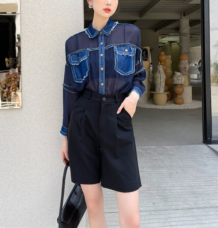 Patchwork Denim Blouse/ Jacket, Woman Collared Shirt Translucent Mixed Jean Summer Jacket Street Fashion for Casual Gifr for her