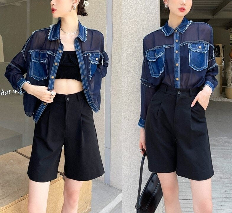 Patchwork Denim Blouse/ Jacket, Woman Collared Shirt Translucent Mixed Jean Summer Jacket Street Fashion for Casual Gifr for her