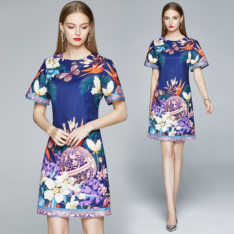 Designer classic art pattern dress, women one-piece dress with floral graphics pattern, dress for formal or casual