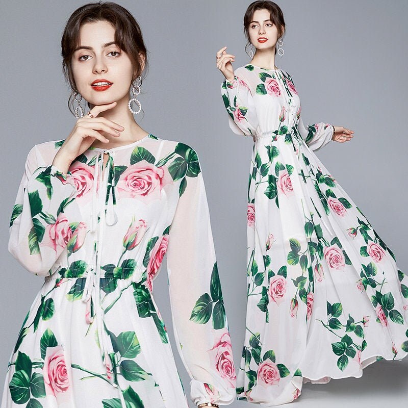 Designer classic art pattern dress, women one-piece dress with floral graphics pattern, dress for formal or casual